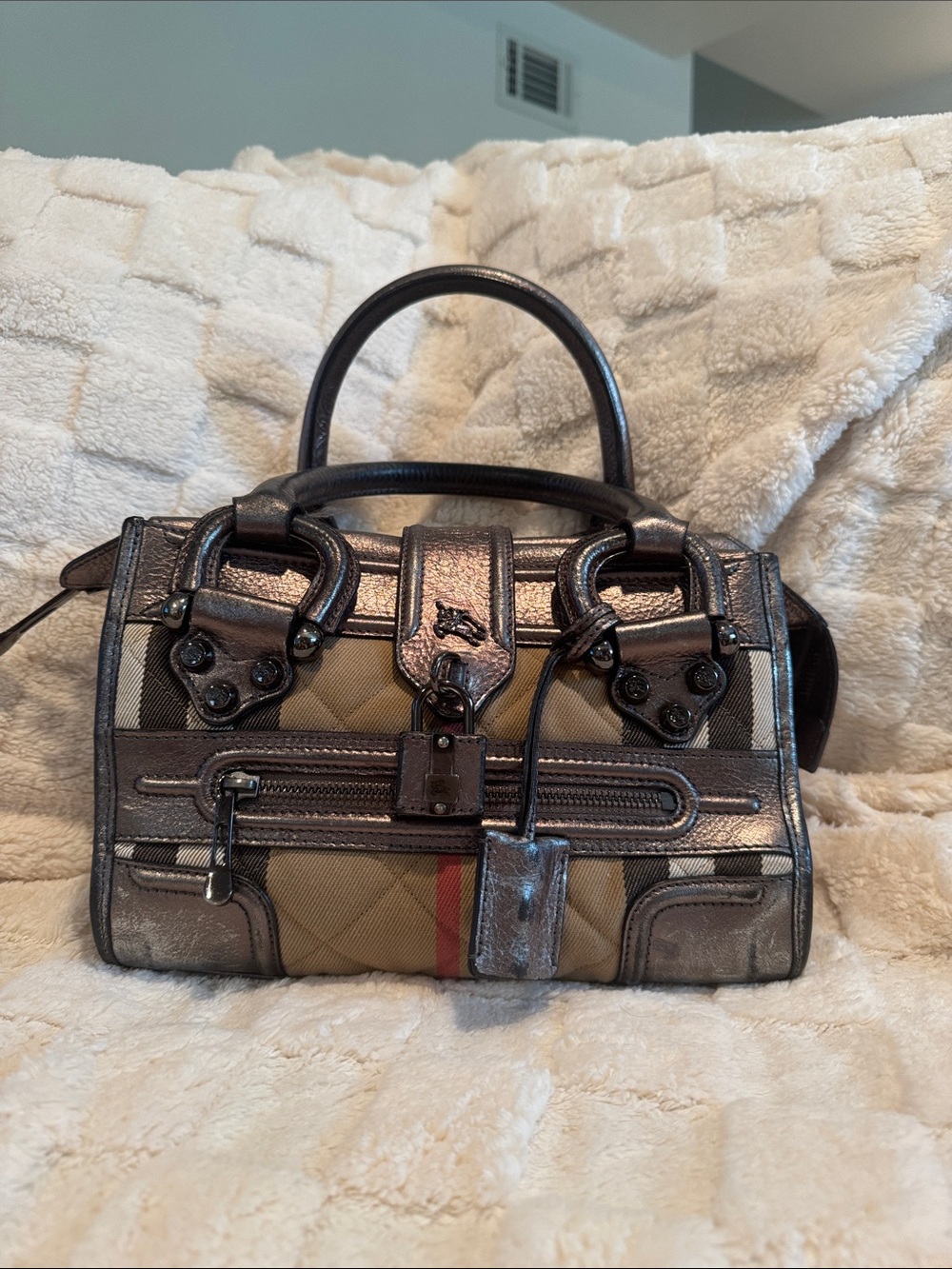 Burberry Metallic Bronze Trim Signature Check Top-Handle Satchel